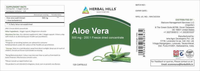 HERBAL HILLS Aloe Vera Capsules (Aloe barbadensis) | 120 Capsules (500 mg) | Pure Aloe Freeze Dried Powder Supplement, High Concentration, Supports Overall Well-Being