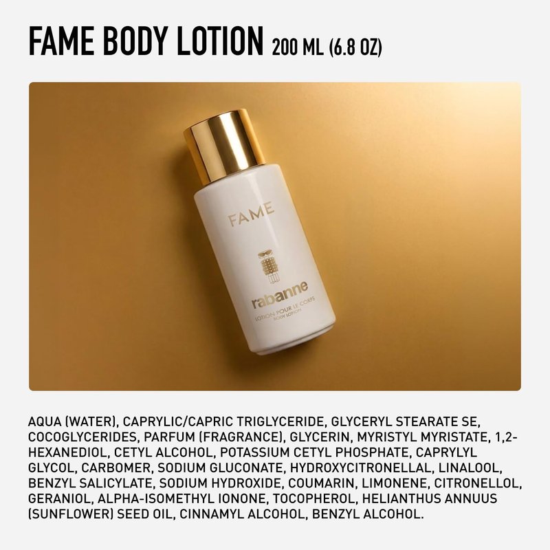 Rabanne Fame Body Lotion for Women - Moisturizing Scented Cream with Jasmine, Mango & Incense - Fruity Floral Perfumed Hydrating Formula for Dry Skin, Pairs with Fame Perfume, 6.8 oz