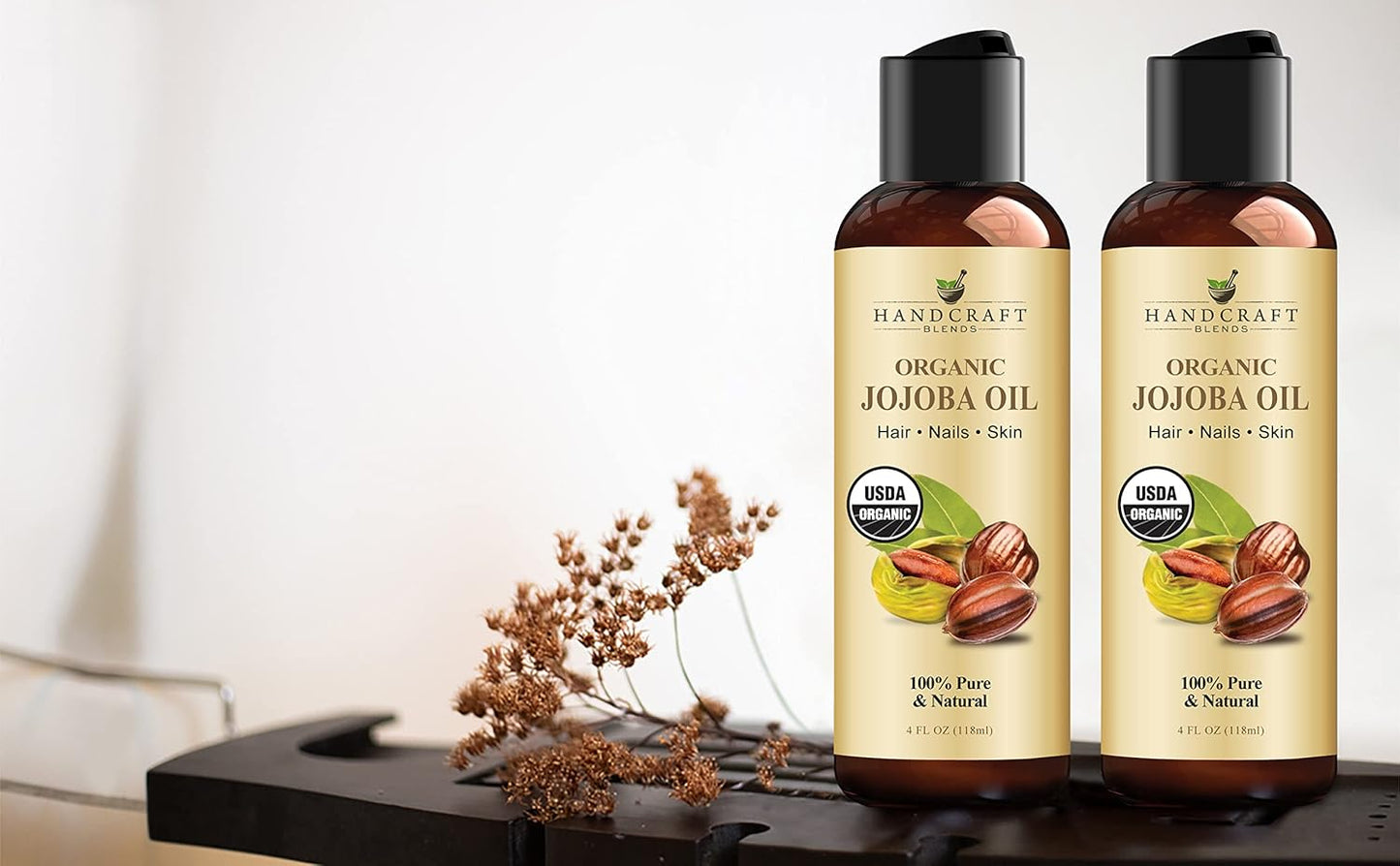 Handcraft Blends USDA Organic Jojoba Oil - Cold-Pressed 4 Fl Oz - 100% Pure and Natural - Premium Grade Carrier Oil for Skin and Hair - Hair and Body - Massage - Hexane-Free