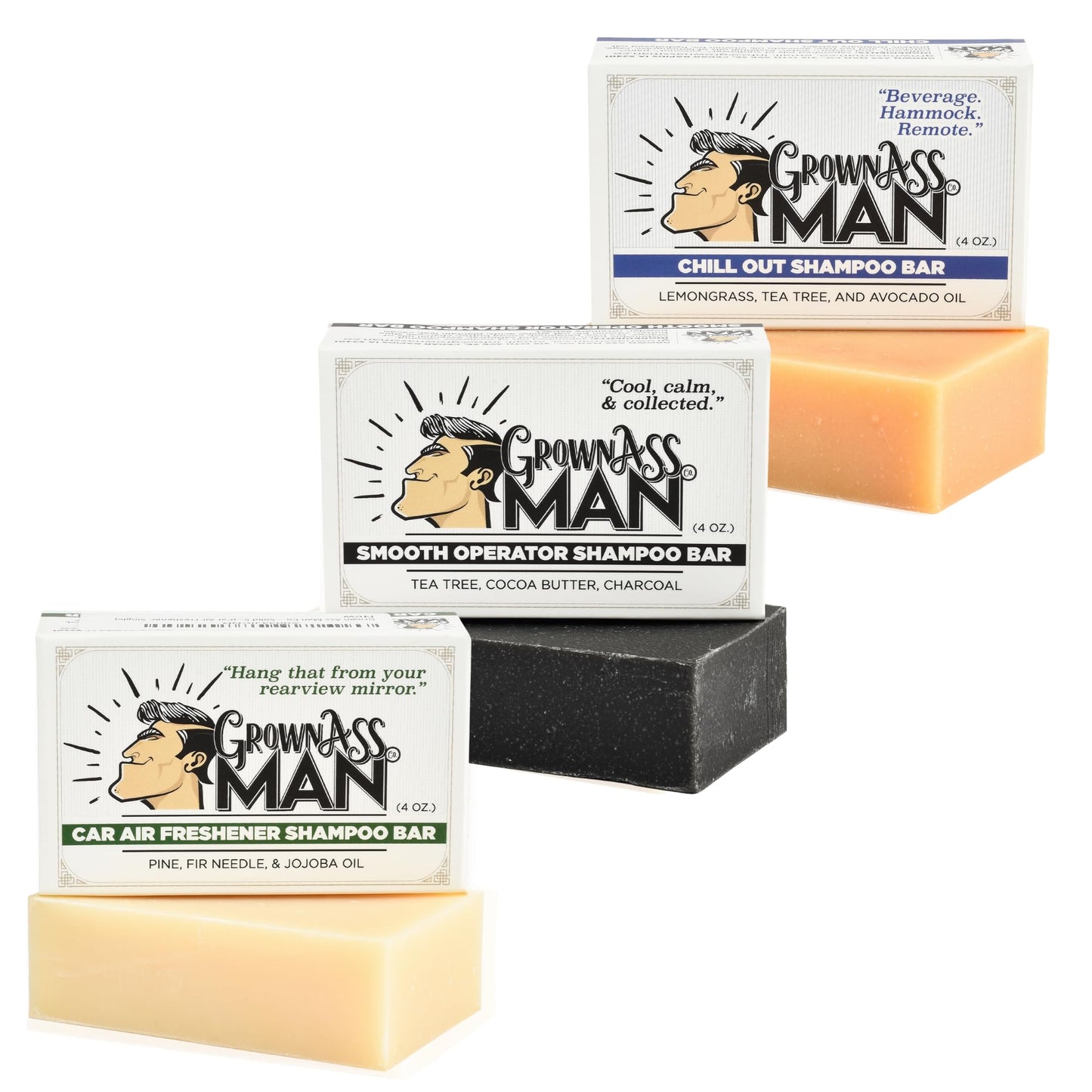 Grown Ass Man Co. Chill Dude 3-in-1 Shampoo Bar Bundle All Natural, Eco Friendly, Hair, Beard, and Body Care Wash.