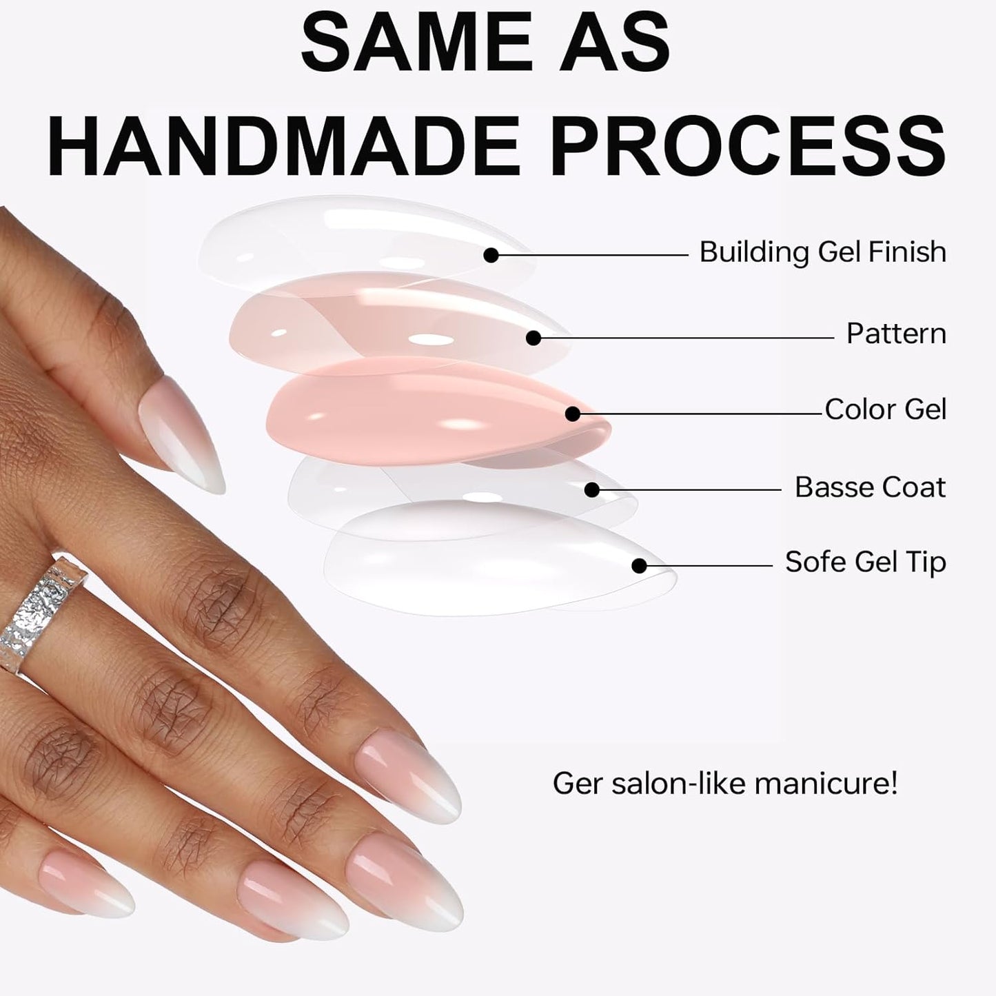 French Almond Gel Press On Nails Short 16 Sizes Fake Nails Glossy 32pcs, Nail Glue Included