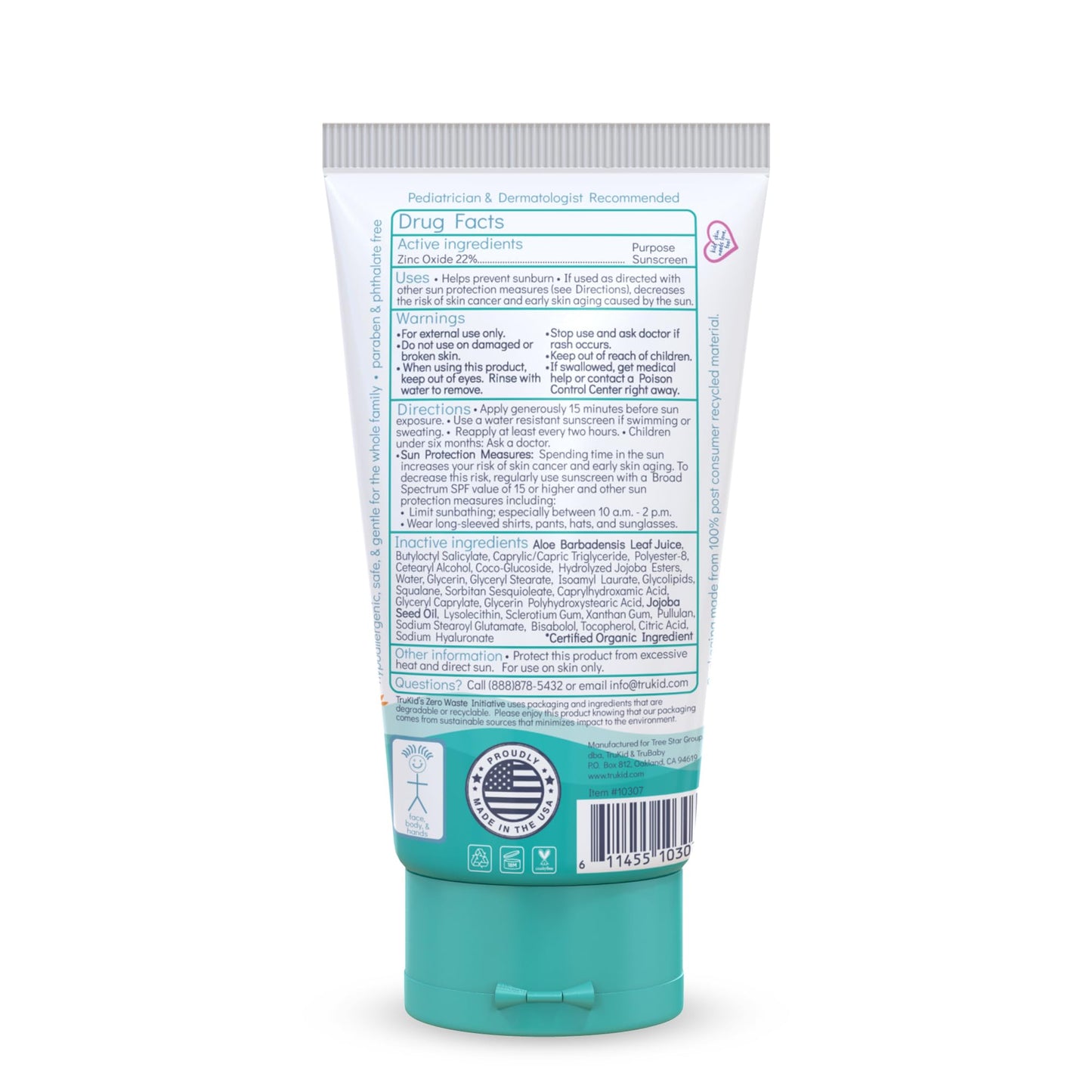 TruKid Sport Mineral Sunscreen SPF 30 - All Natural Kids & Baby Sunscreen for Face & Body, Non-Toxic Zinc Oxide Sunblock Protection for Sensitive Skin, Unscented, FSA Eligible, Travel Size 3.4oz