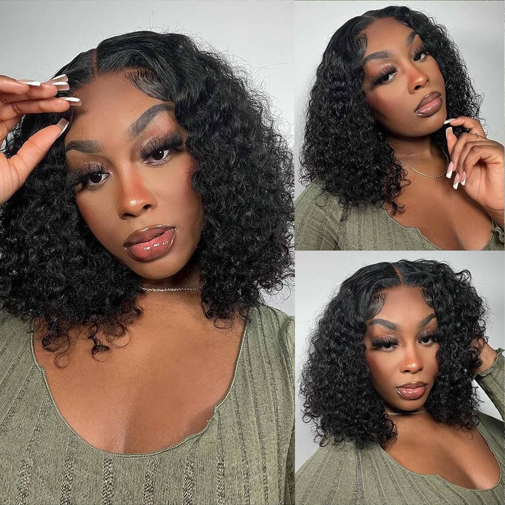 Pinketer Wear and Go Bob Wig Human Hair Deep Wave Glueless Wigs Pre Plucked Pre Cut 4x4 Lace Closure 180% Density Ready to Wear Bob Wigs for Black Women Beginner Friendly (Curly Bob Wig, 12inch)