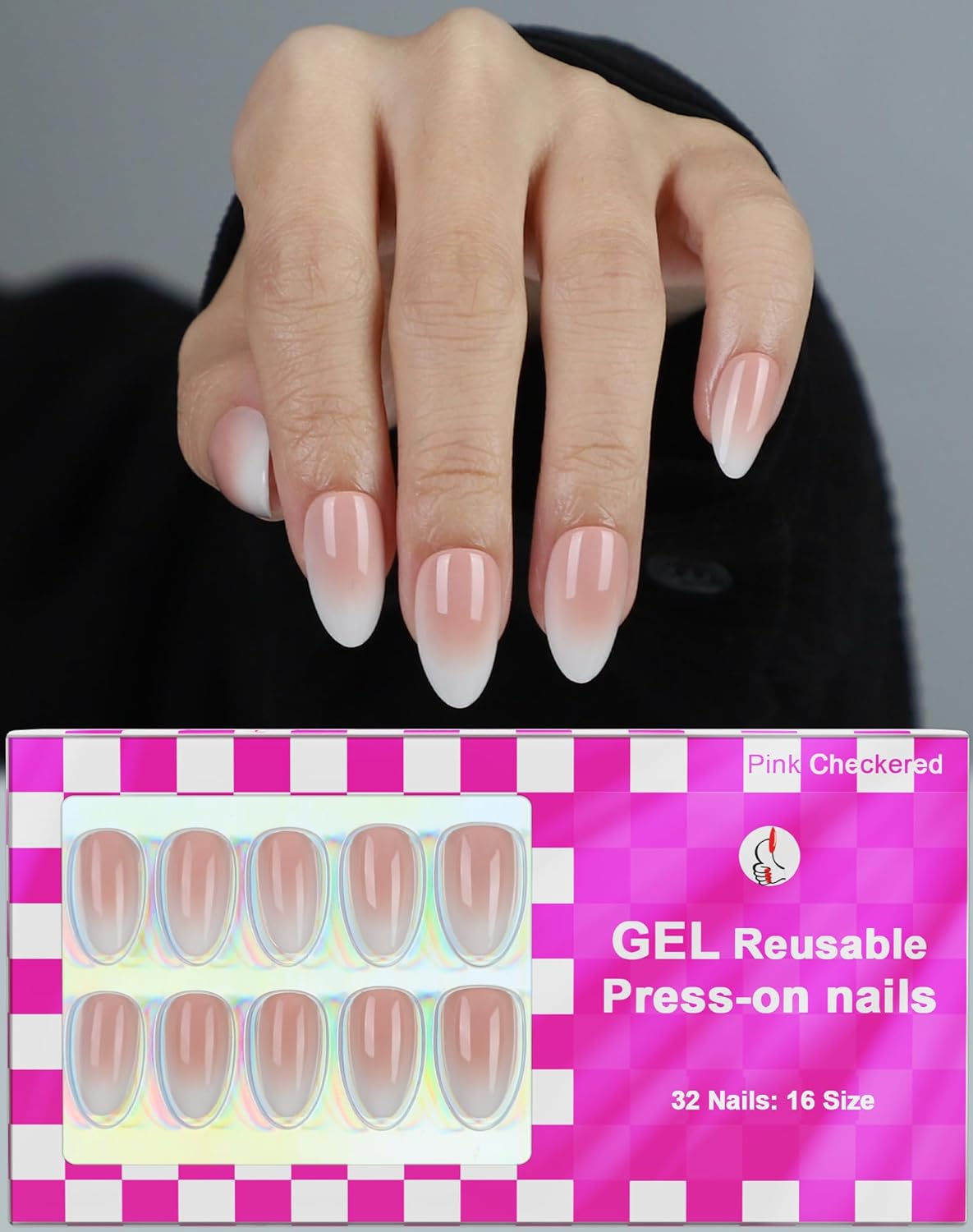 French Almond Gel Press On Nails Short 16 Sizes Fake Nails Glossy 32pcs, Nail Glue Included