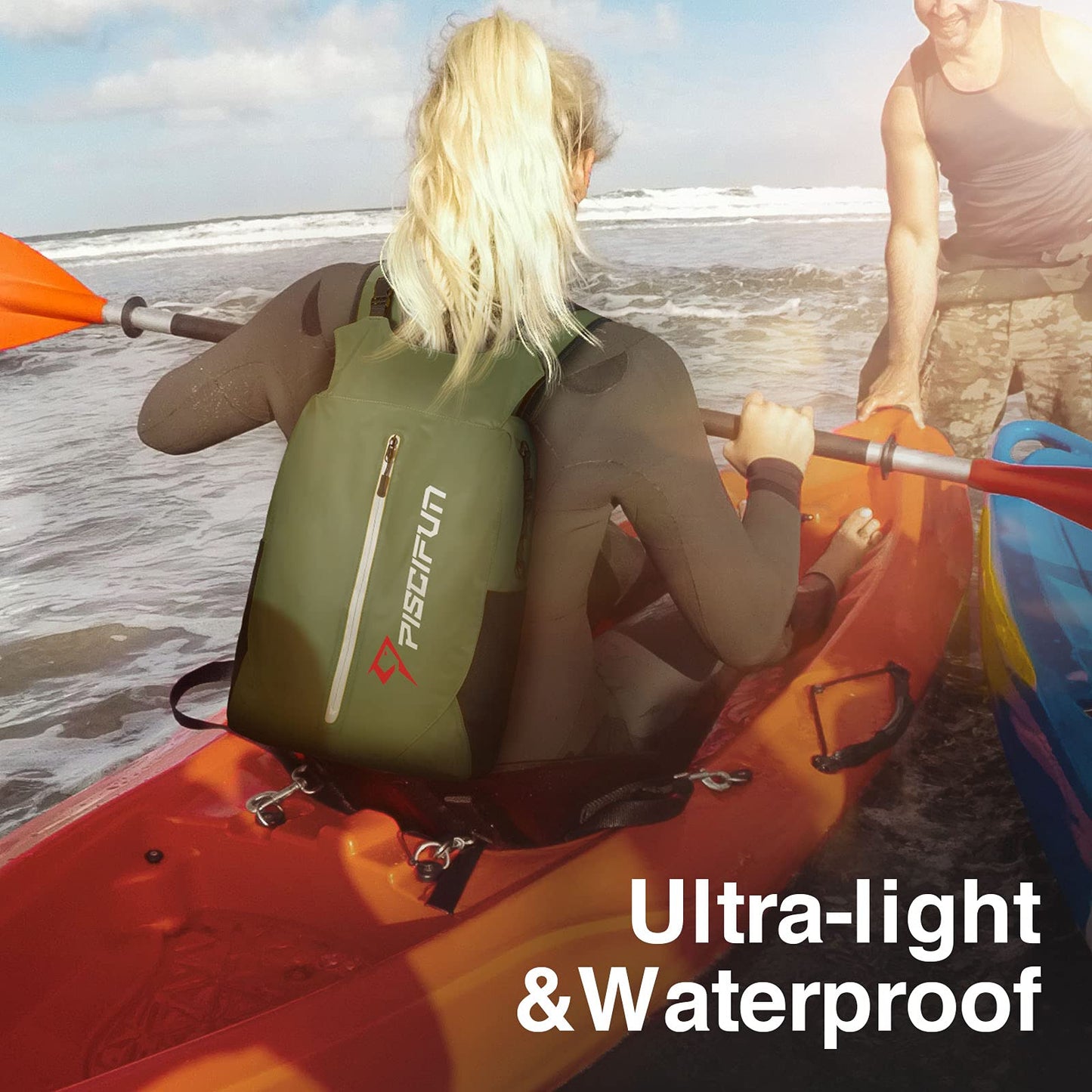 Piscifun Dry Bag Waterproof, Floating Dry Backpack, Lightweight Waterproof Dry Bag with Waist Pouch and Phone Case for Kayaking, Camping, Beach, Boating & Swimming for Men & Women Army Green 30L