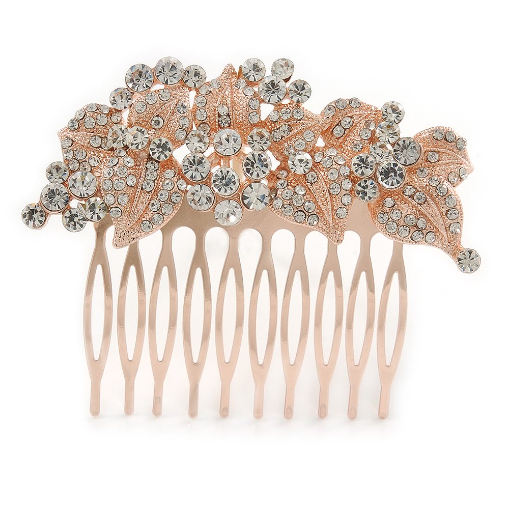 Vintage Inspired Bridal/Wedding/Prom/Party Austrian Clear Crystal 'Leaves & Flowers' Hair Comb In Rose Tone Metal - 75mm