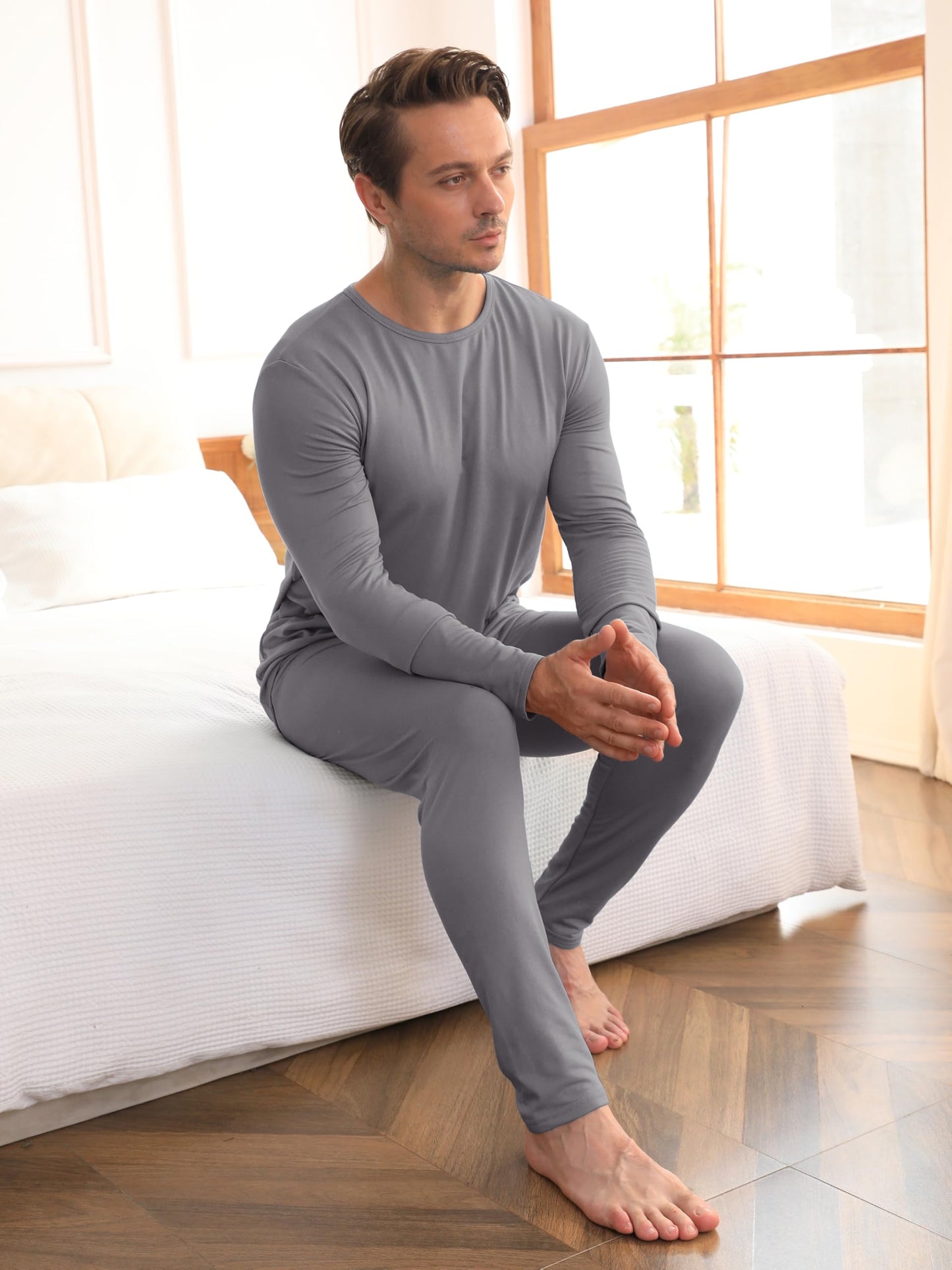 VZV 2 Set Thermal Underwear for Men Winter Long Johns for Men Thermal Top and Bottom Set Fleece Lined Base Layer Black, Grey