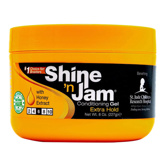 AmPro Shine-n-Jam Maximum Hold - Infused with Honey Extract to Strengthen Hair - Great for Taming Fringe, Ponytails, Soft Weaves, and Braids - Keeps Tresses Firm with Non-Greasy Shine - 8 oz