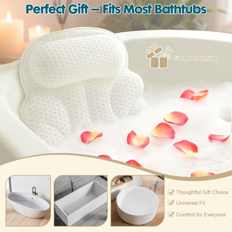 Bath Pillows for Tub – Bathtub Pillow with Head, Neck & Shoulder Support, Non-Slip Tub Pillow for Bathtub & Jacuzzi, Breathable Bath Tub Pillow with Wash Bag, Bath Accessories Gift for Women & Men