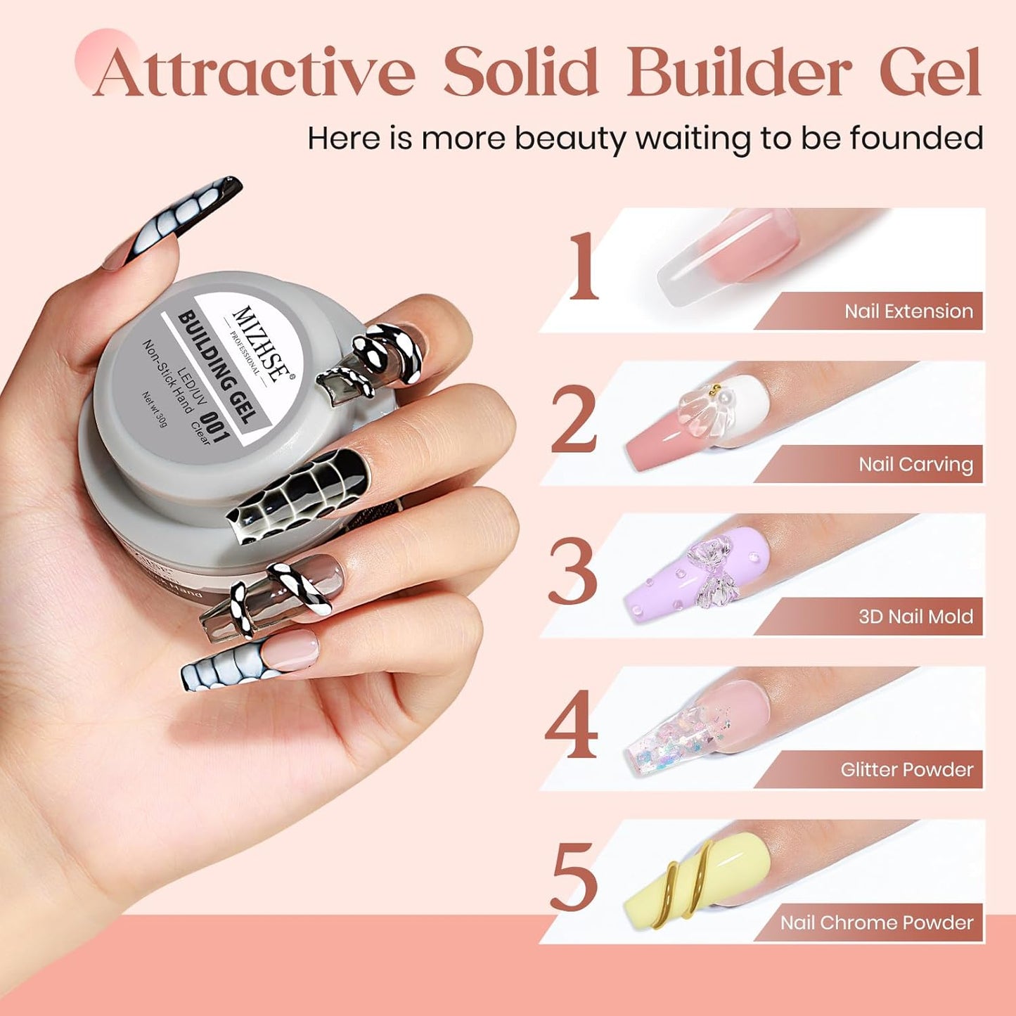 MIZHSE Solid Builder Gel for Nails, Clear Non-Sticky Sculpting Gel, 3D Nail Art Carving Building Modeling Hard Nail Extension Soak Off UV/LED Nail Art Salon Home DIY 15g