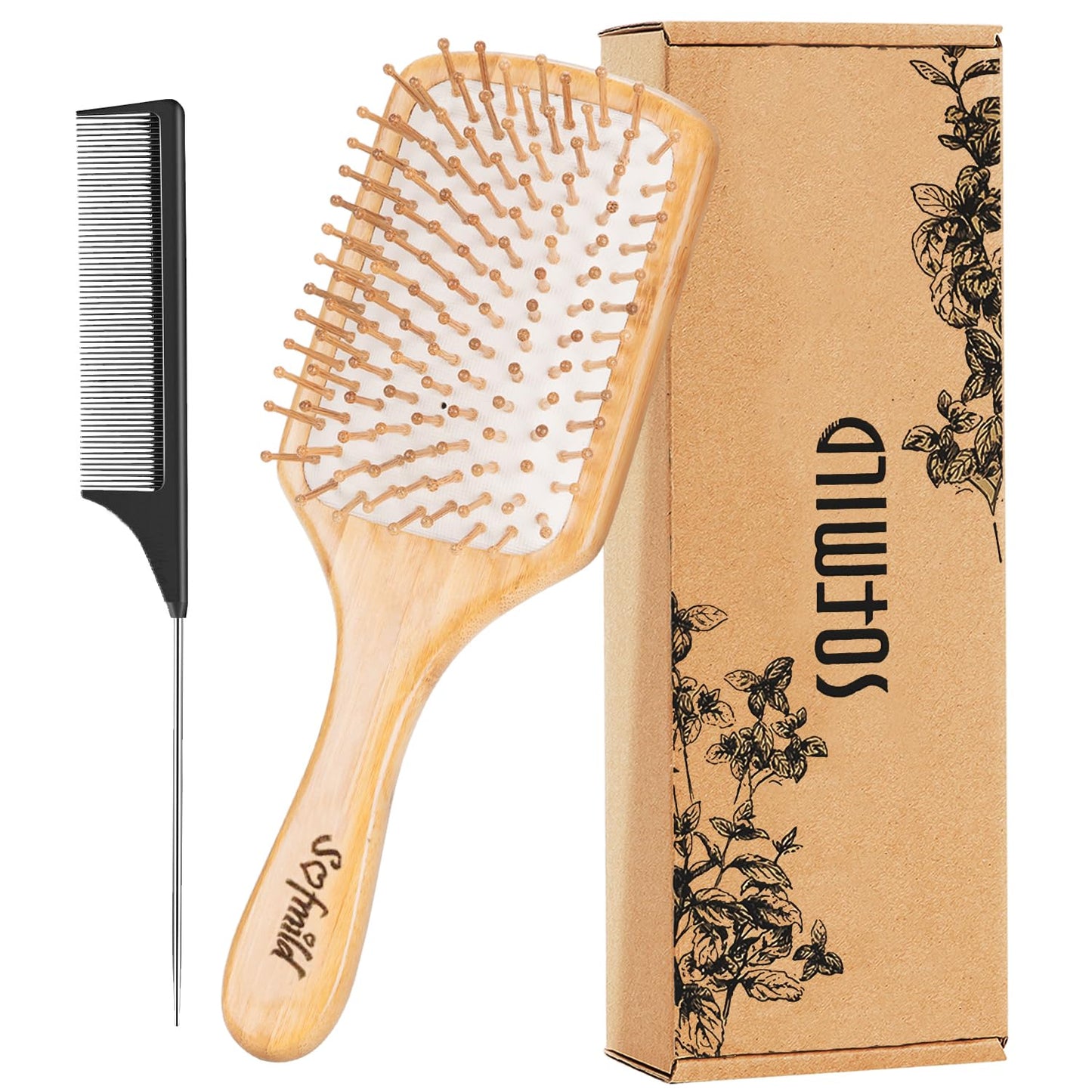 Hair Brush-Natural Wooden Bamboo Brush and Detangle Tail Comb, Paddle Hairbrush for Women Men and Kids Make Thin Long Curly Hair Health and Massage Scalp