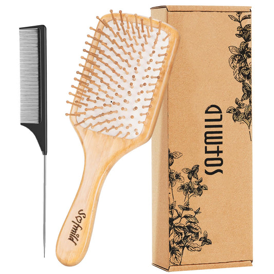 Hair Brush-Natural Wooden Bamboo Brush and Detangle Tail Comb, Paddle Hairbrush for Women Men and Kids Make Thin Long Curly Hair Health and Massage Scalp