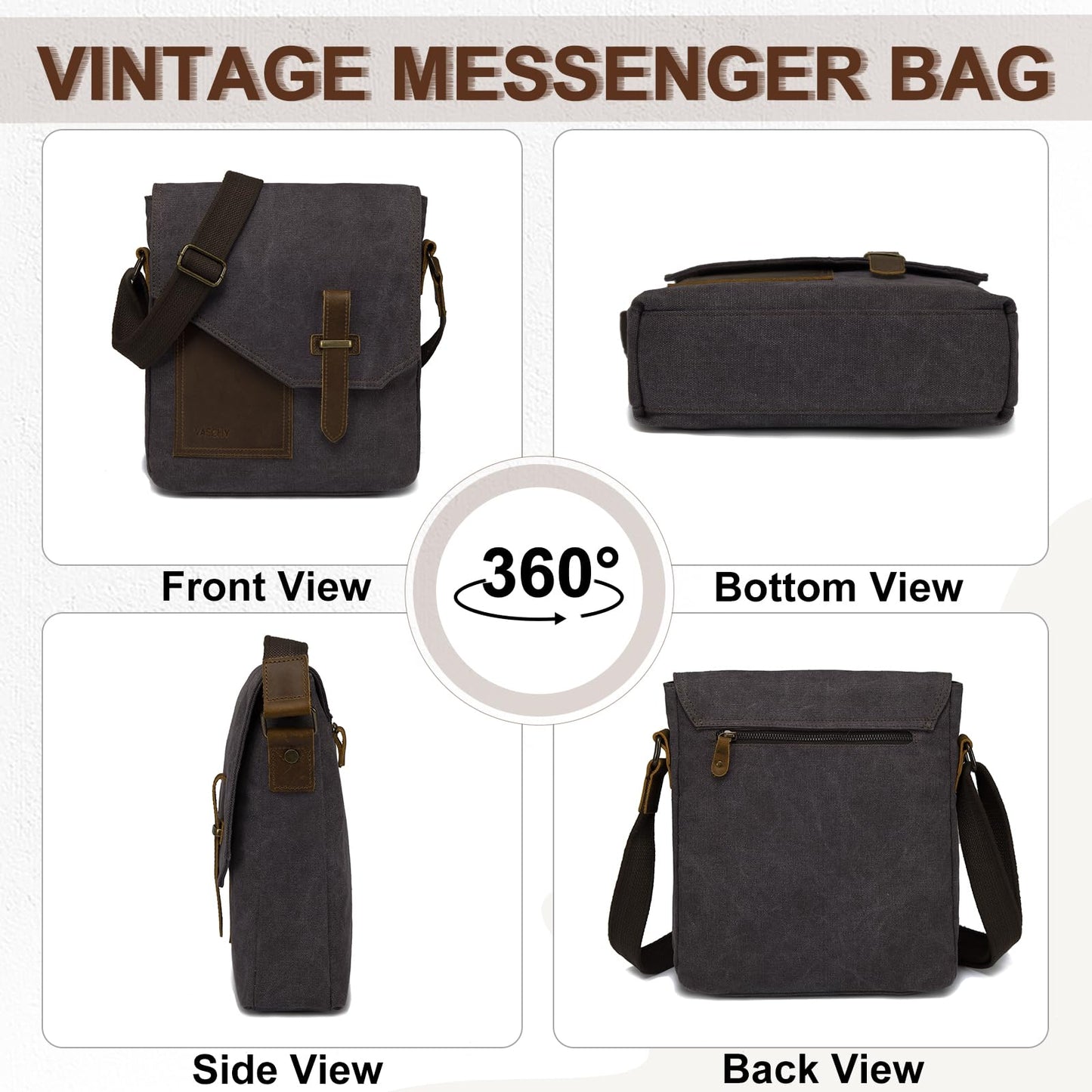 VASCHY Small Messenger Bag, Vintage Canvas Leather Lightweight Crossbody Bag