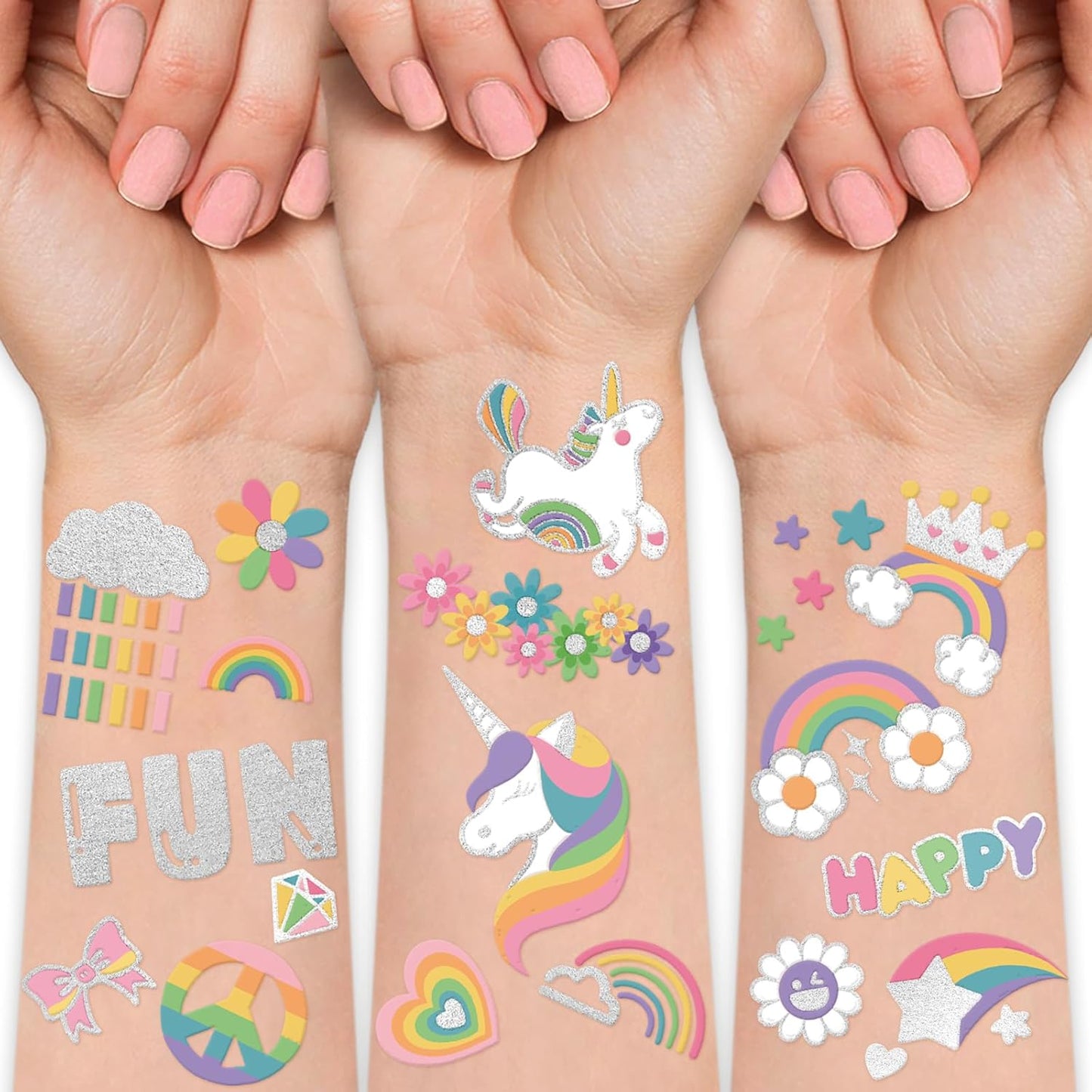 Waterproof Temporary Tattoos - 118pcs Groovy Fake Tattoo for Kids Birthday Party Supplies, Star Unicorn Smiley Rainbow Flower Candy Crown Arts and Crafts for Boys or Girls 6 7 8 9 10 11 12 years old