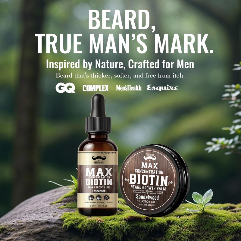 FEBOTE 4X Concentration Biotin Beard Kit for Men – Unscented Oil & Sandalwood Balm Set (2 Pack) – Moisturizes, Softens & Promotes Growth – Premium Beard Grooming Gift for Father’s Day or Him