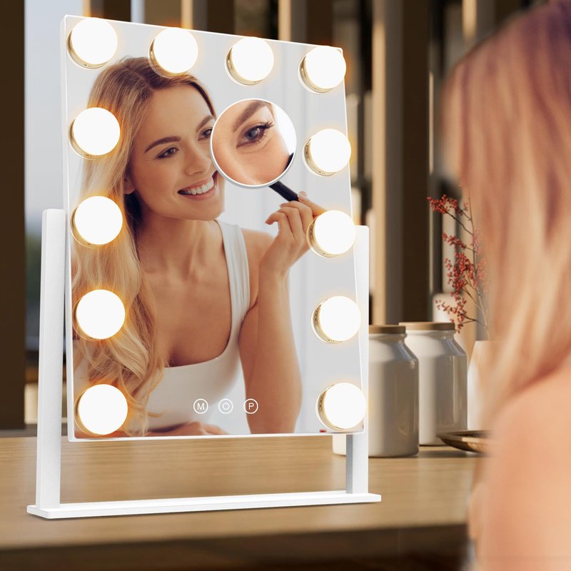 Dirket Vanity Mirror with Lights, Hollywood Lighted Makeup Mirror with 3 Color Lighting Modes and 12 Dimmable Bulbs, Detachable 5X Magnification, Smart Touch Control, 360°Rotation, White