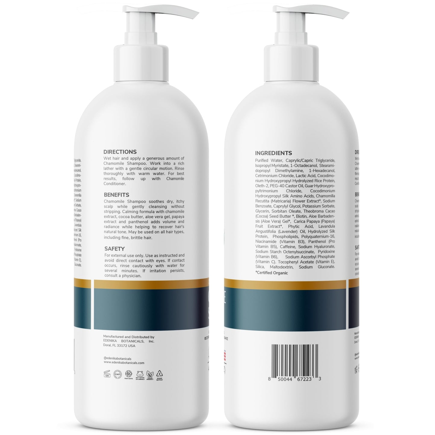 Edenika Botanicals Chamomile Shampoo with Cocoa Butter, Aloe Vera & Papaya, 16 fl oz, Calming & Hydrating Formula, Vegan, Sulfate-Free, Paraben-Free, for All Hair Types