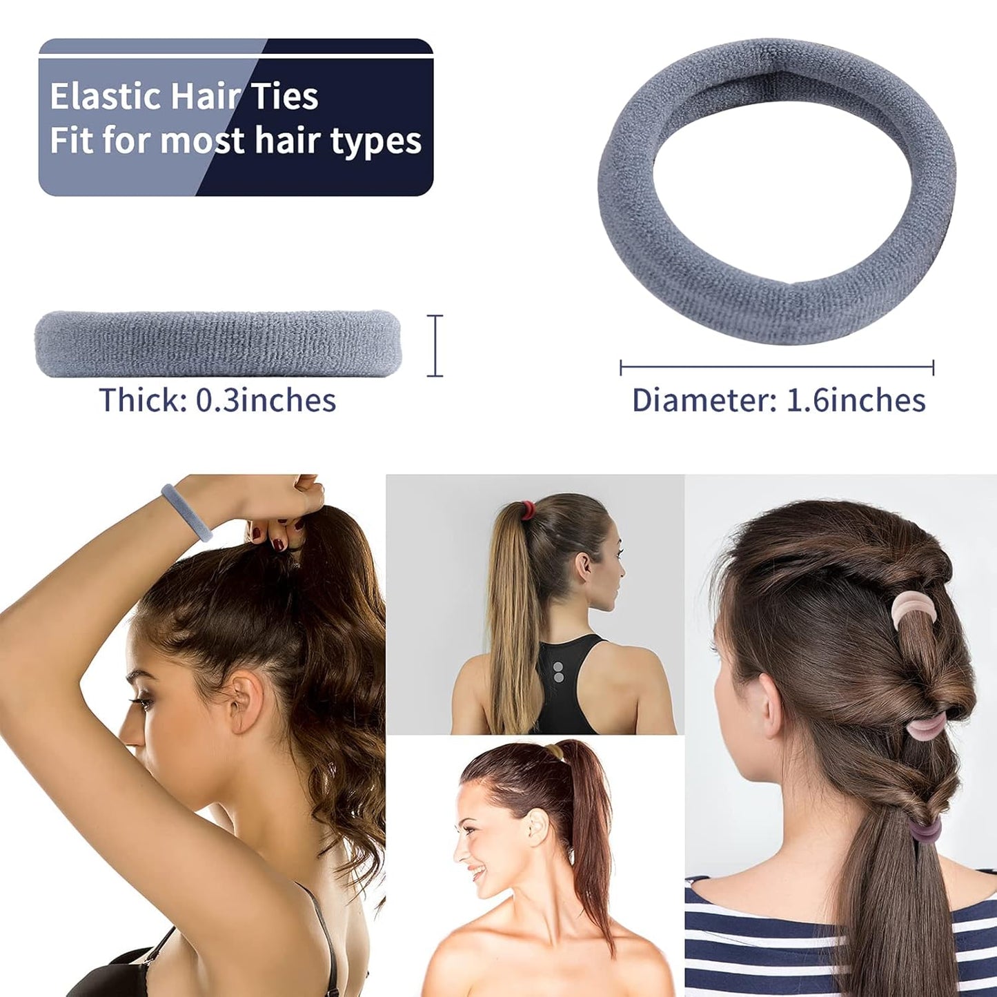 100PCS Black Hair Ties for Women, No Crease No Damage, Seamless Cotton Bands for Thick Thin Hair, Soft Ponytail Holders, Accessories for Girls