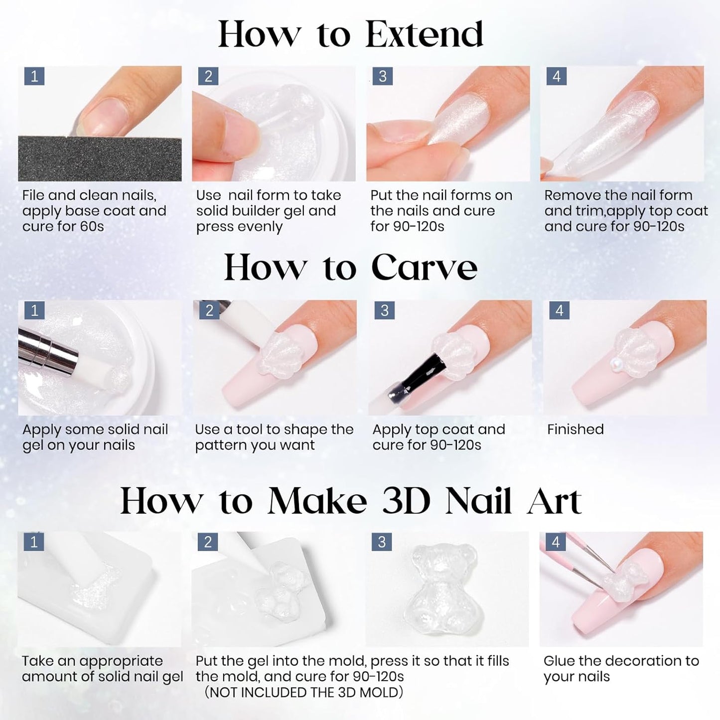 MIZHSE Solid Builder Gel for Nails, Clear Non-Sticky Sculpting Gel, 3D Nail Art Carving Building Modeling Hard Nail Extension Soak Off UV/LED Nail Art Salon Home DIY 15g