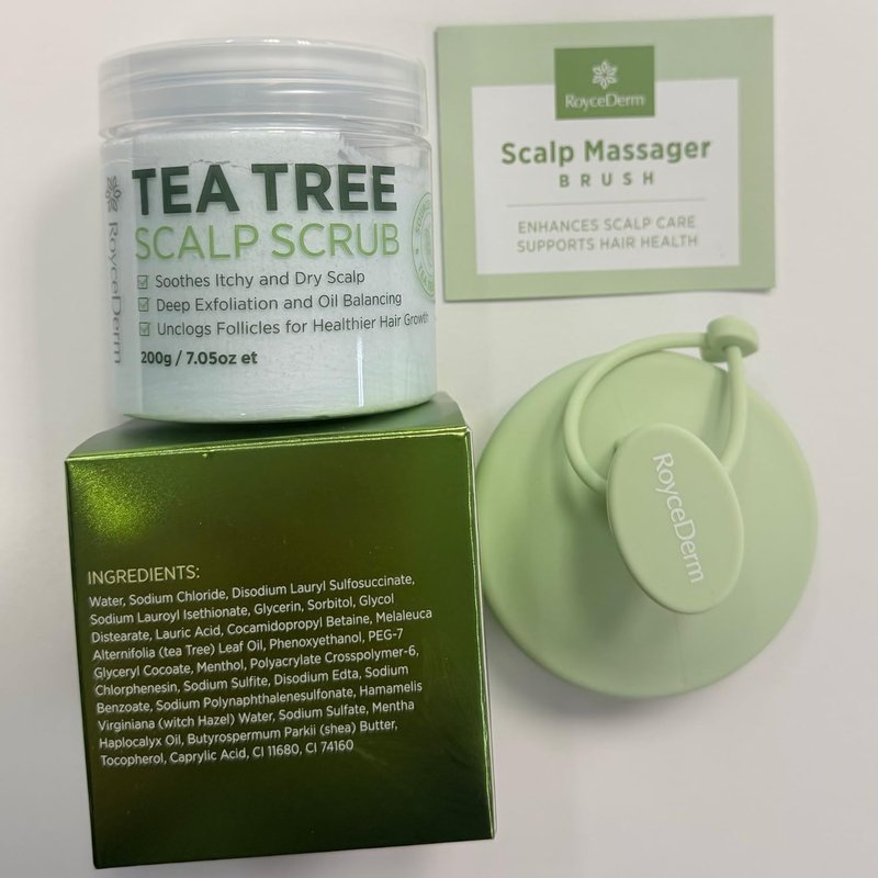 Roycederm Tea Tree Scalp Scrub with Scalp Massager Brush - Deep Cleansing & Exfoliating Pre-Shampoo Treatment for Dry, Flaky Scalp – Gently Refreshes, Hydrates & Balances Scalp