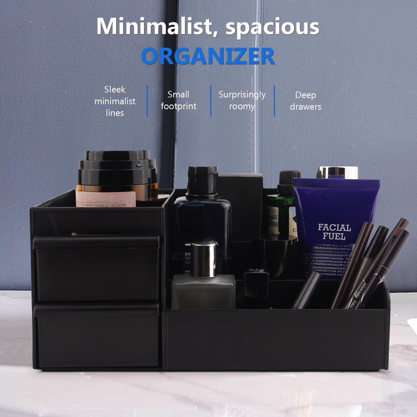 Simbuy Black Cologne Organizer for Men - Large Countertop Organizer with Drawers for Cologne, Perfume, Shaving & Skincare - Bathroom & Vanity Storage, Ideal Gift for Boyfriend, Husband, Dad & Friends
