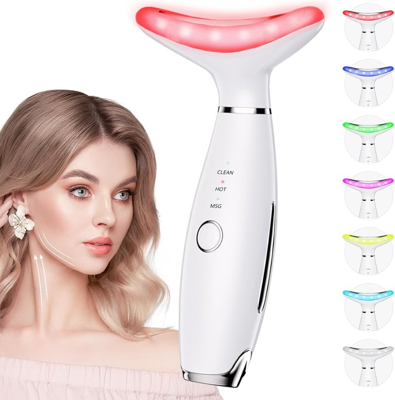 Galvanic Facial Machine - 7 Color Red Light Therapy Tool for Wrinkles & Double Chin | Vibrating Massager, White