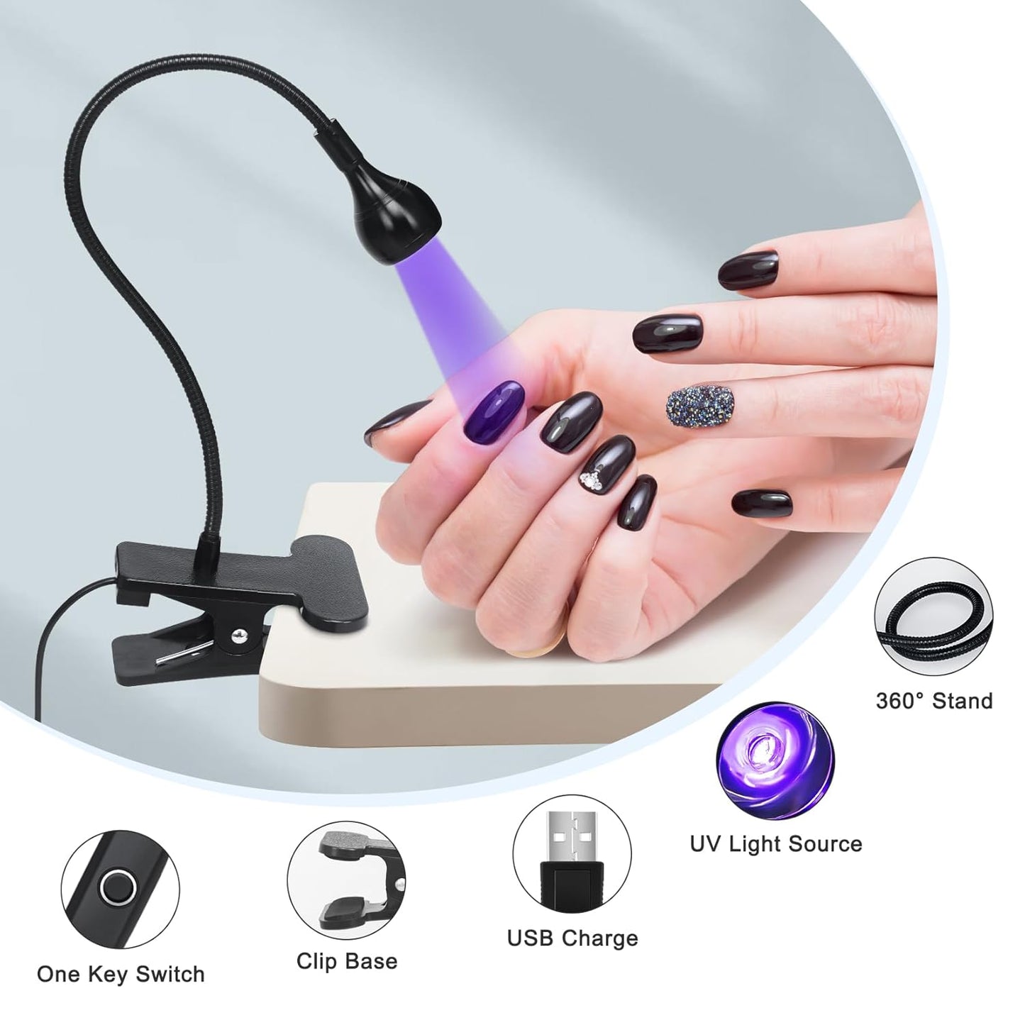 UV Nail Lamp - UV Light for Gel Nails, LED Gooseneck Flash Cure Lamp for Nails, Manicure Dryer Black Light with Clamp, 365+395nm Wavelength 5V 3W 4 Levels Dimming