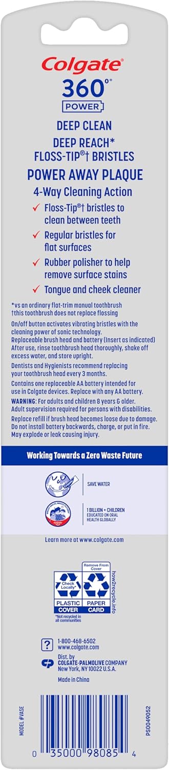Colgate 360 Floss Tip Sonic Powered Battery Toothbrush Refill Pack - 2ct