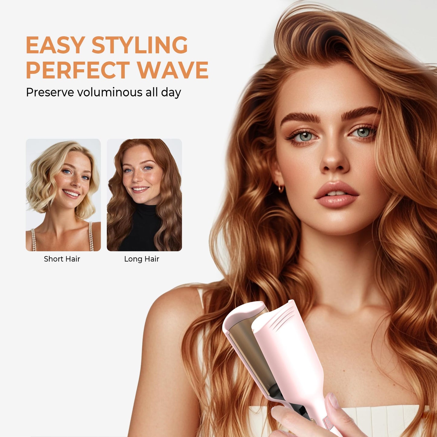 Curling Iron Hair Crimper Waver, Beach Waves Curling Wand, Waver Hair Tool, Double Voltage, Easy to Use, Pink, 1.25 Inch