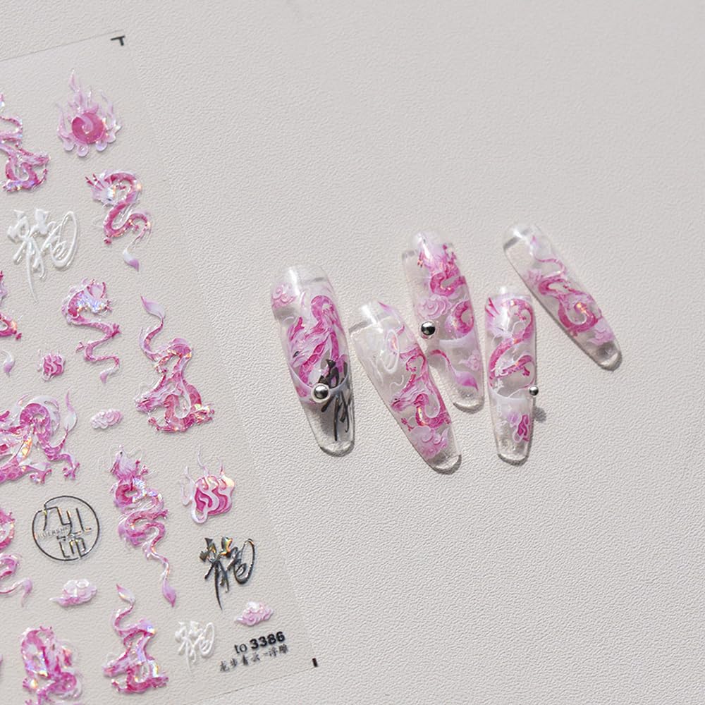 2Sheets Dragon Nail Art Stickers Blue Pink Chinese Totem Character Acrylic Nail Decals for New Year Spring Festival Cool Design Nails Supplies (A Style)