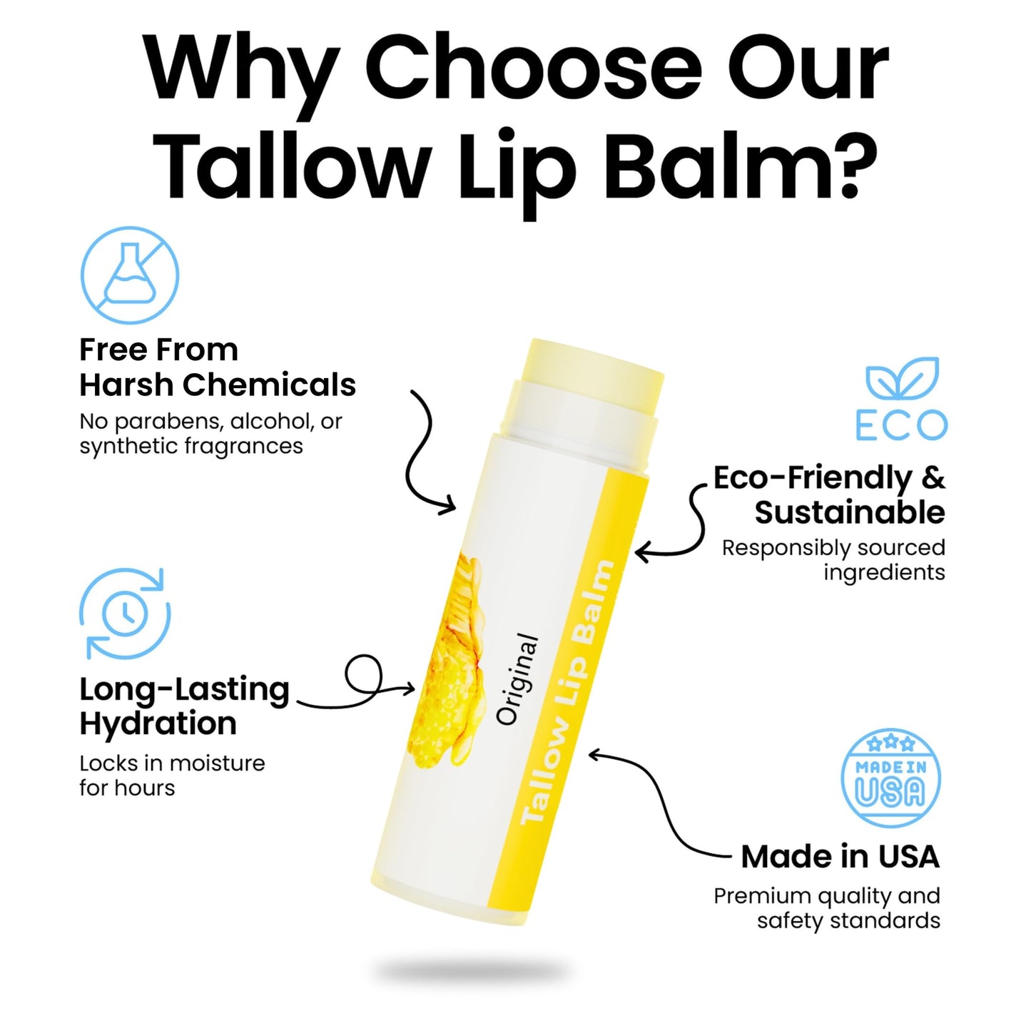Tallow Lip Balm by Cattle Creek – All-Natural Ingredients, Long-Lasting Moisture and Hydration for Dry, Cracked, and Chapped Lips, Soothing Formula for Soft Skin (Pack of 3, Original)