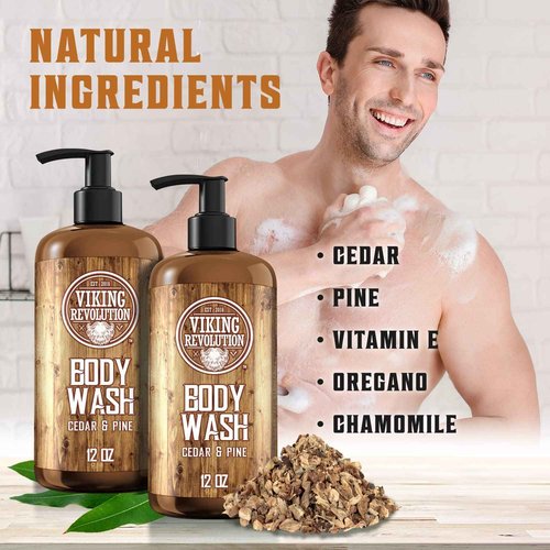 Viking Revolution Men's Body Wash - Cedar and Pine Oil Body Wash for Men - Mens Natural Body Wash with Vitamin E and Oregano Oil - Mens Shower Gel Liquid Soap - Cedar Oil Mens Bodywash (2 Pack, 12oz)
