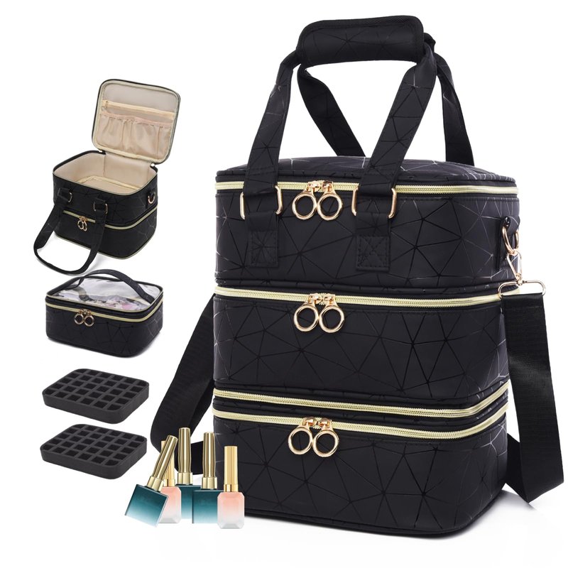 Wifeassistant 3 Layers Nail Polish Organizer Bag - Holds 60 Bottles,Portable Travel Case with Shoulder Strap,Nail Tech Kit Storage,Versatile Cosmetics Case,Detachable,Waterproof,Gifts for Women