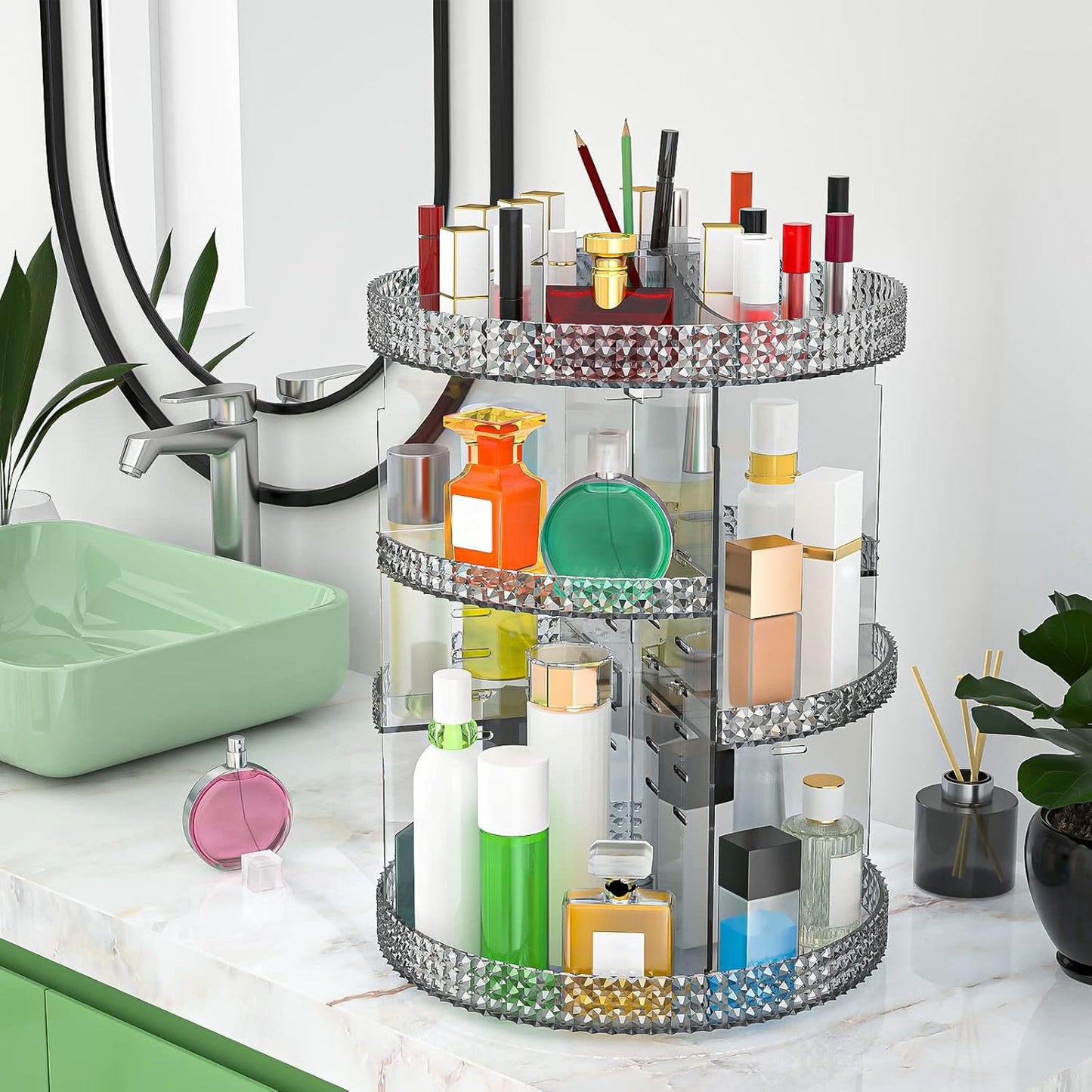 Rotating Makeup Organizer - Acrylic Cosmetic Storage with 7 Layers | Large Capacity for Brushes & Lipsticks - Gray