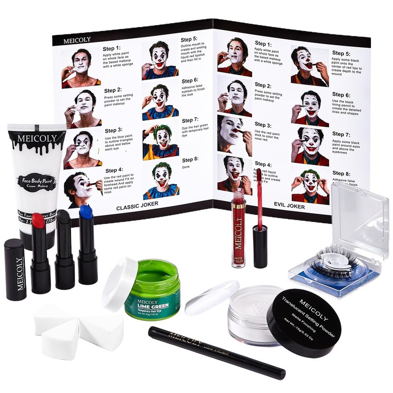 MEICOLY Joker Makeup Kit,Complete Joker Costume Clown Makeup,Clown White Face Paint Character Set for Halloween SFX Cosplay Stage Performance Theatre,Green Hair Dye,Setting Powder,Red Lip Gloss