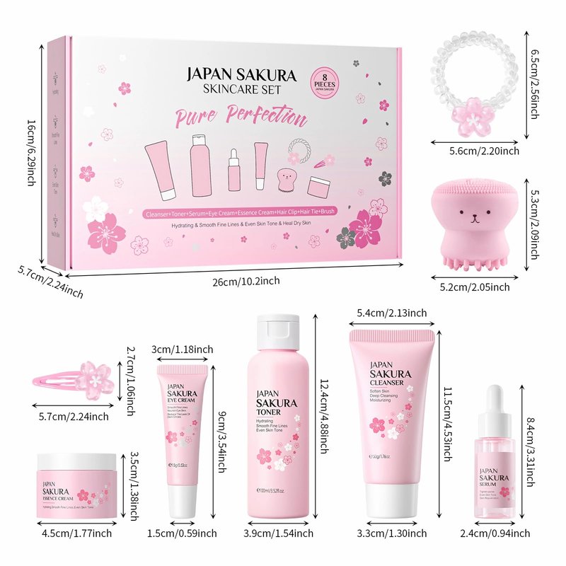 Skin Care Set for Teens Girls,Cherry Blossoms Skincare for Girls 10-12,Hydrating Face Skin Care Kit with Cleanser,Toner,Serum,Eye Cream,Face Cream,Galentines Gifts,Bulk Gift,Valentines Day Gifts