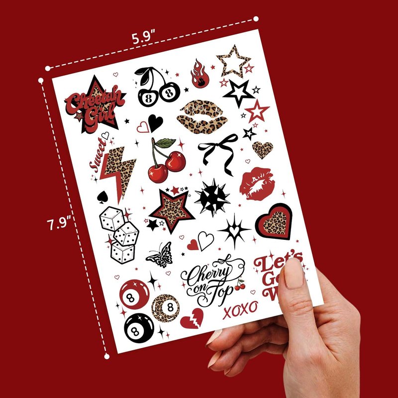 Red Cheetah Print Temporary Tattoos Birthday Party Decorations, 50 Y2K Patterns 4 Sheets | Leopard Cherry Party Favors for Girls Night Bachelorette Women Big Mama Out Glam Photo Booth Props