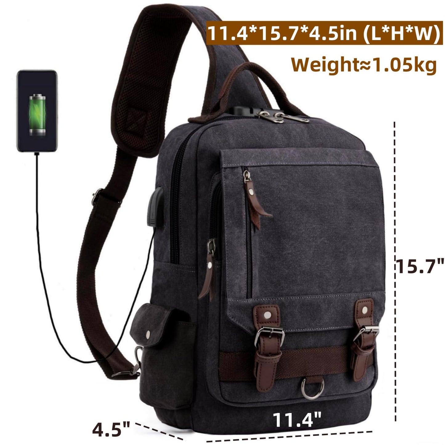 Leaper Retro Crossbody Bag Sling Bag Canvas Messenger Bag for Men Women Shoulder Bag Crossbody Handbags Satchel Brownish Gray, XXL