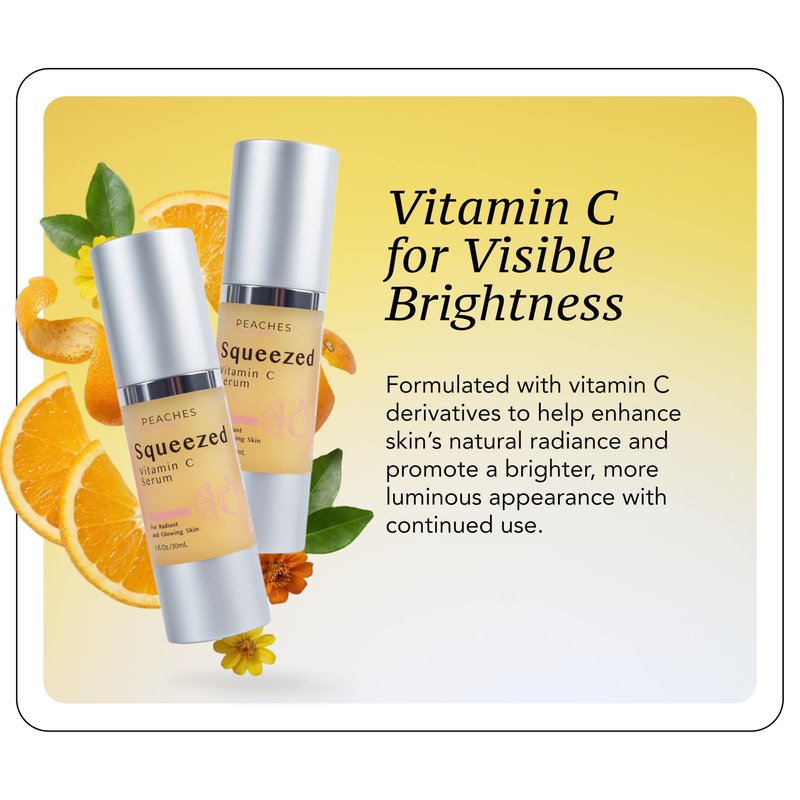 Peaches Skin Care Squeezed Vitamin C Serum with Kakadu Plum, Gold and CoQ10 – Lightweight Hydrating Formula for Radiant-Looking Complexion – Vegan Skincare for Women, 1 fl oz