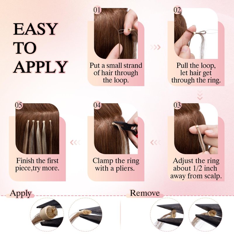 SEGO Pro Microlink Hair Extensions, Micro Loop Human Hair Extensions, Long Straight Invisible Microbead Extensions for Women, 14 inches, Medium Brown mixed Dark Blonde, 50 Strands, 50g/pack
