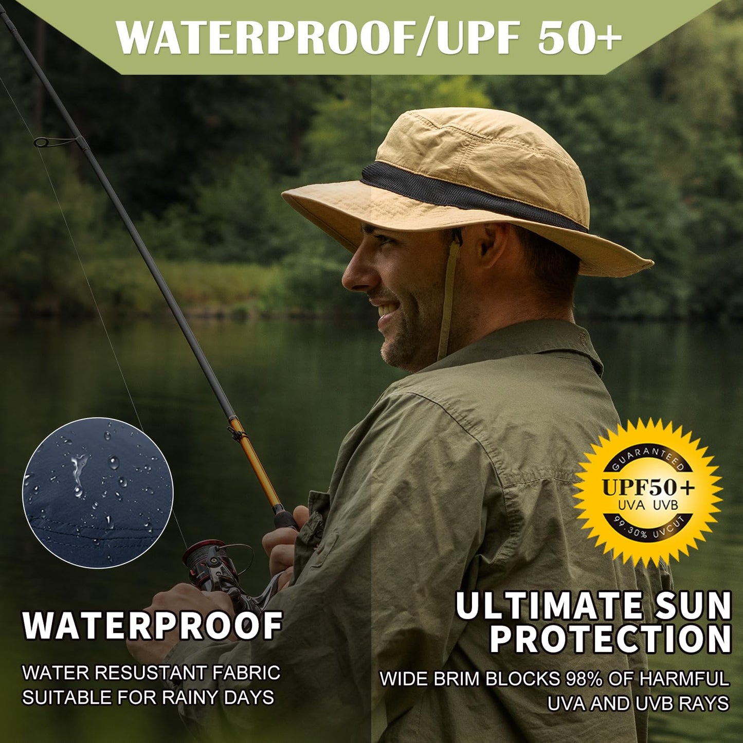 Mens Wide Brim Detachable Net Mesh Veil Sun Hat M/L UV Protection Boonie Bucket Sunhat Summer Beach Golf Hiking Safari Outdoor Fishing Garden SPF 50 Khaki 56-59cm