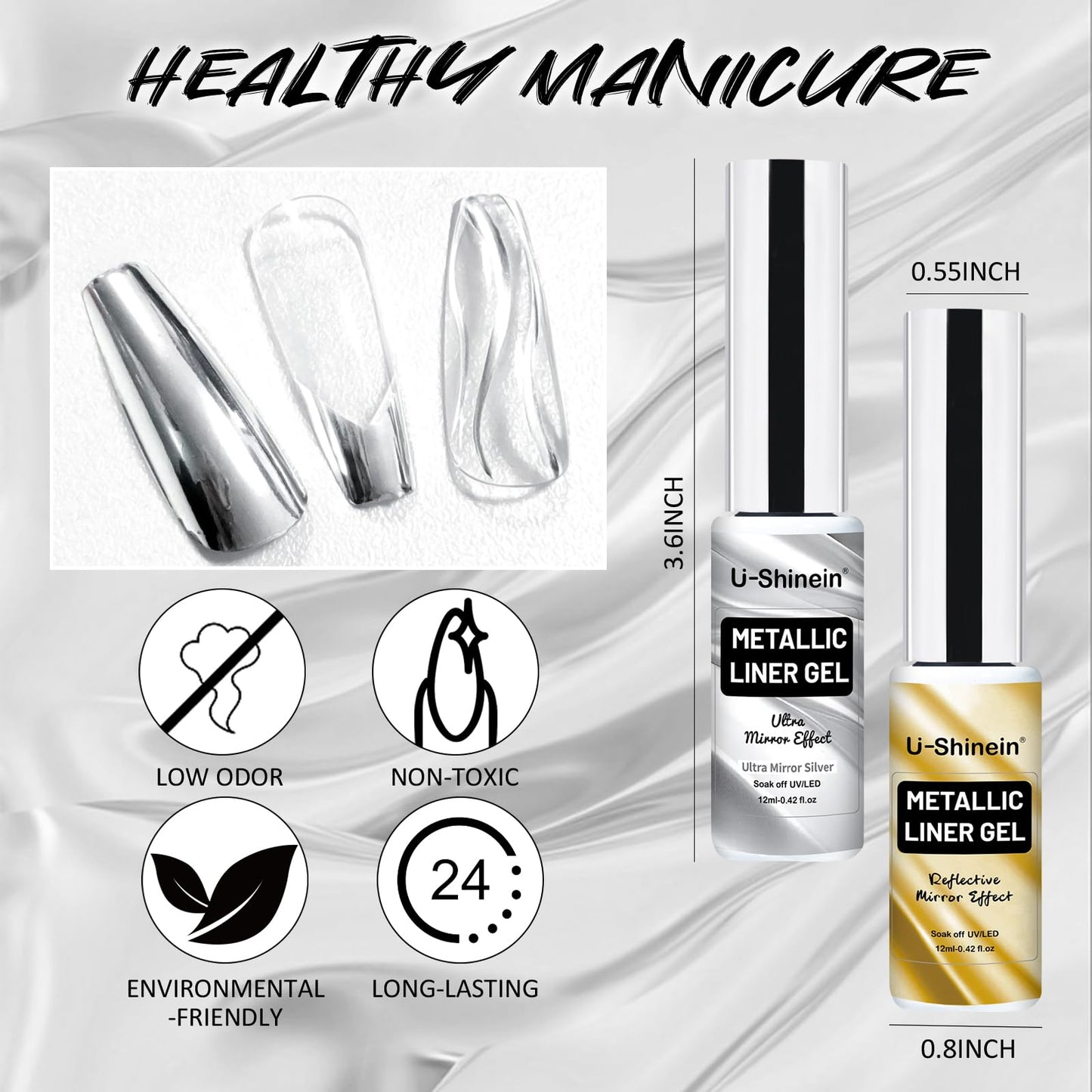 U-Shinein 2x12ml Metallic Mirror Nail Polish, Ultra Mirror Silver & Gold Metal Painted Drawing with Thin Brush, Chrome Gel Polish Nail Art Gel Liner Soak Off DIY