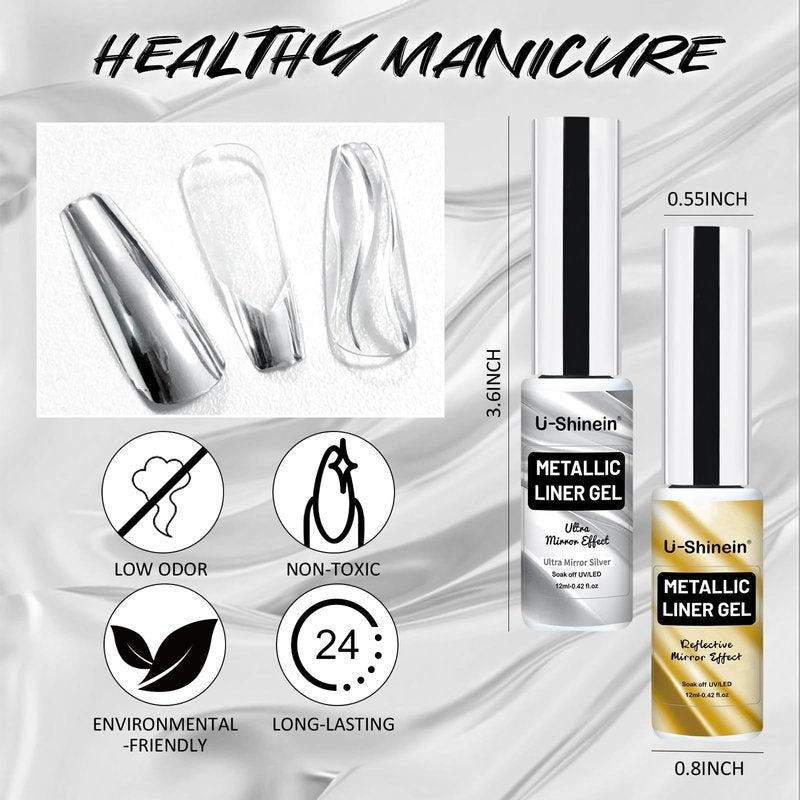 U-Shinein 2x12ml Metallic Mirror Nail Polish, Ultra Mirror Silver & Gold Metal Painted Drawing with Thin Brush, Chrome Gel Polish Nail Art Gel Liner Soak Off DIY