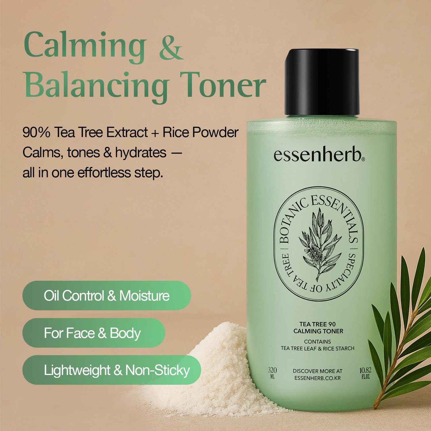 ESSENHERB Tea Tree 90 Calming Toner | Vegan | Real Tea Tree | Sebum Control | Mild Formula, Korean Skincare (320ml, 10.82oz)