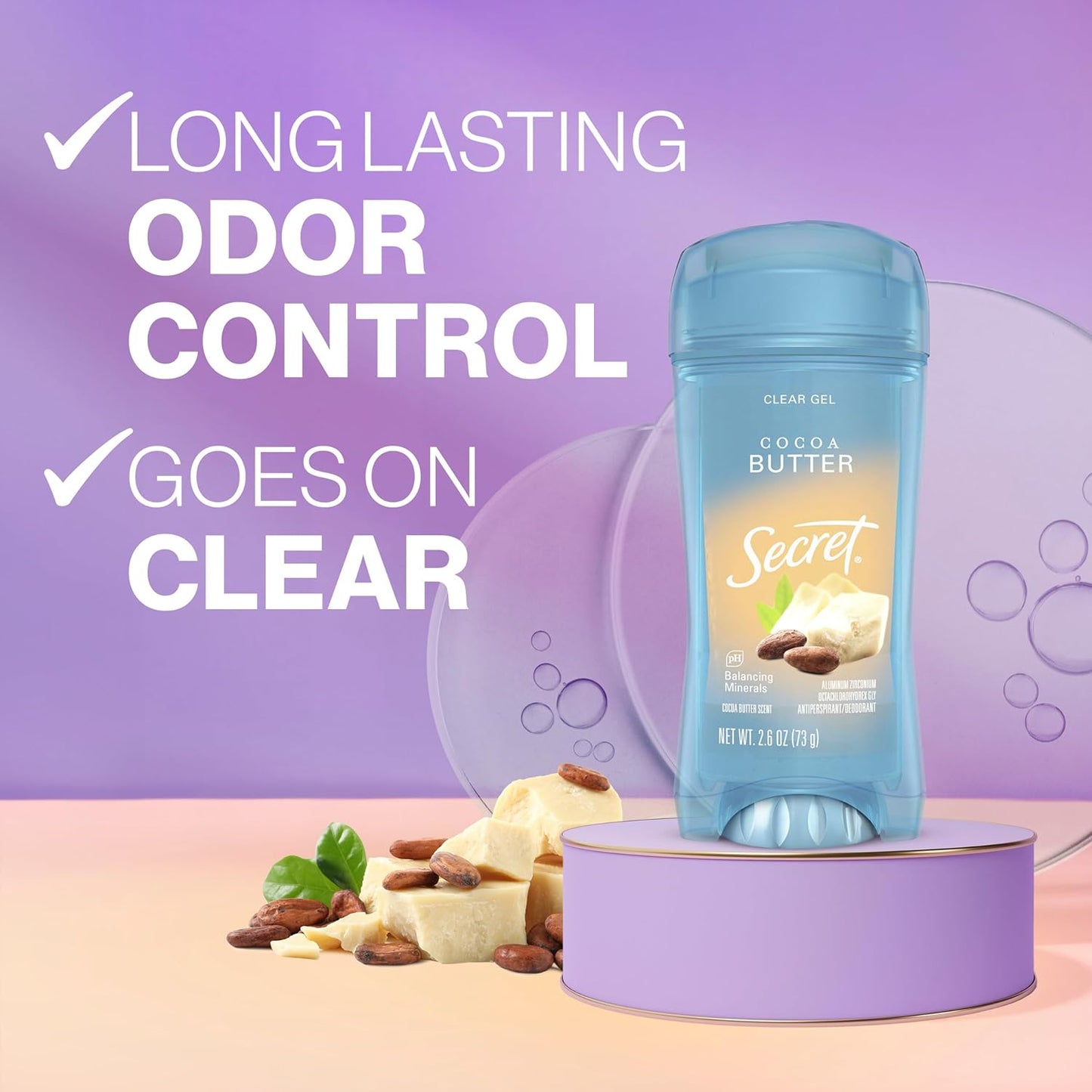 Secret Fresh Antiperspirant Deodorant for Women, 72hr Breathable Sweat & Odor Protection, Instant Freshness & Gentle, PH Balancing Minerals, Invisible Solid, Cocoa Butter Scent, 2.6 oz
