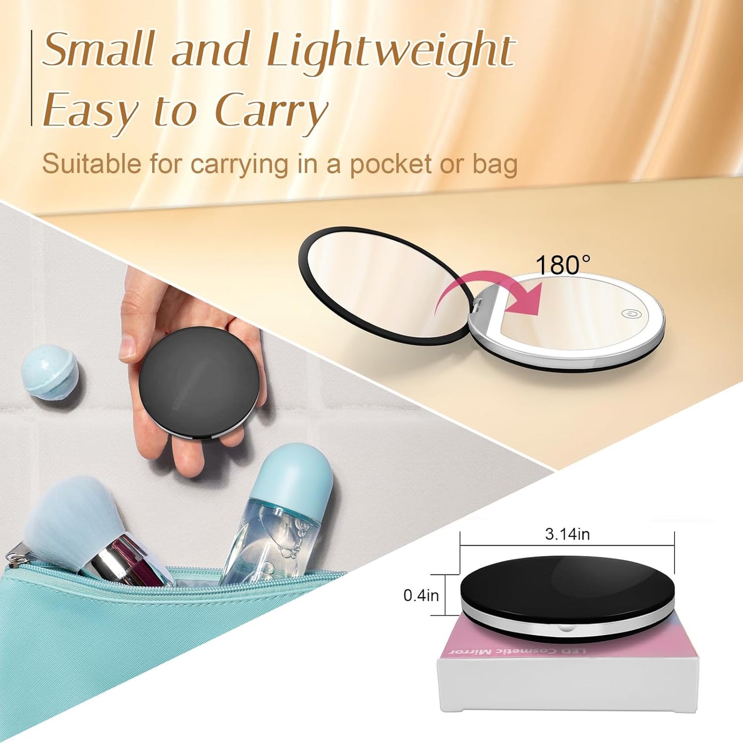 Compact Mirror with Light, 1X/3X Magnification LED Pocket Mirror with USB Data Cable,Mini Mirror for Purse, Pocket,Travel and Present (Pink)