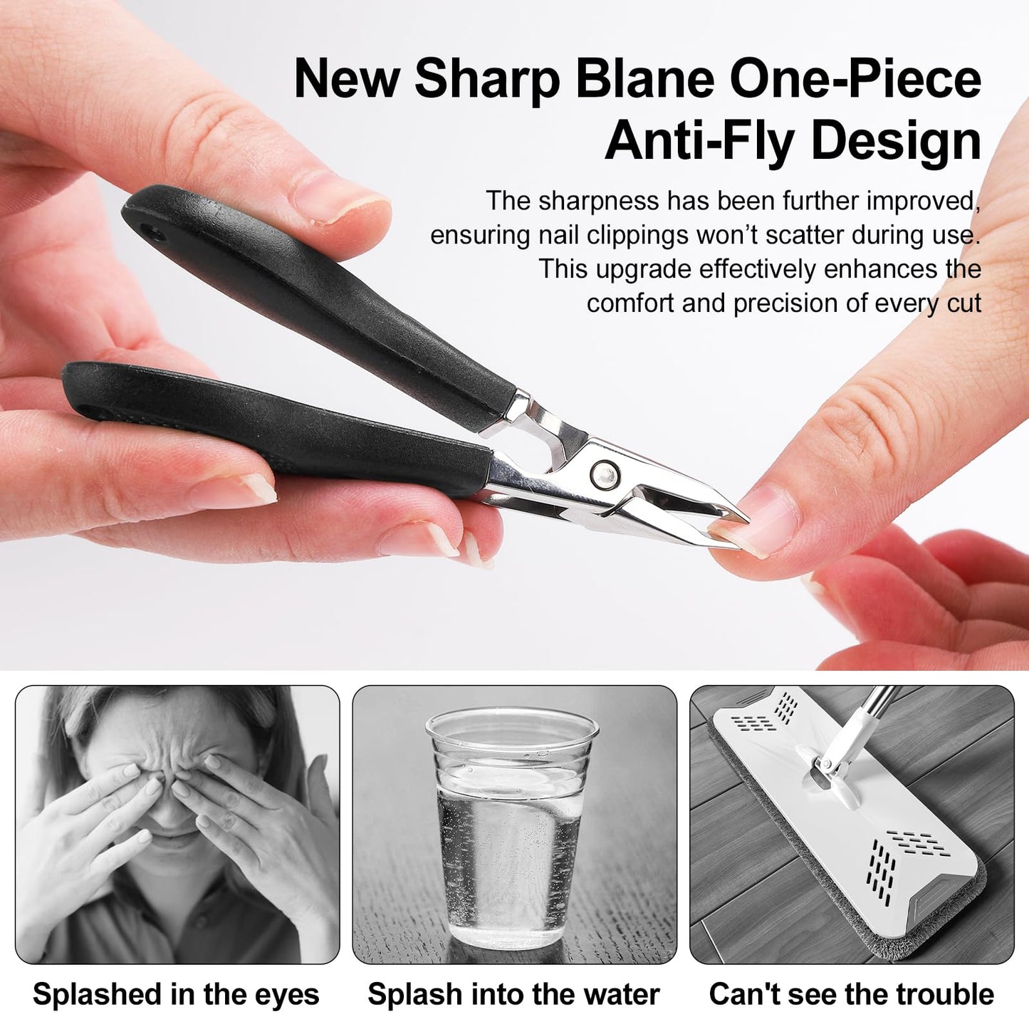 Eagle Beak Nail Clippers for Ingrown & Thick Nails – Beveled/Slanted/Angled Blades, Long Handle Wide Jaw, Anti-Splash Ultra Sharp Stainless Steel Edge 3-Piece Set for Men/Women (Black)