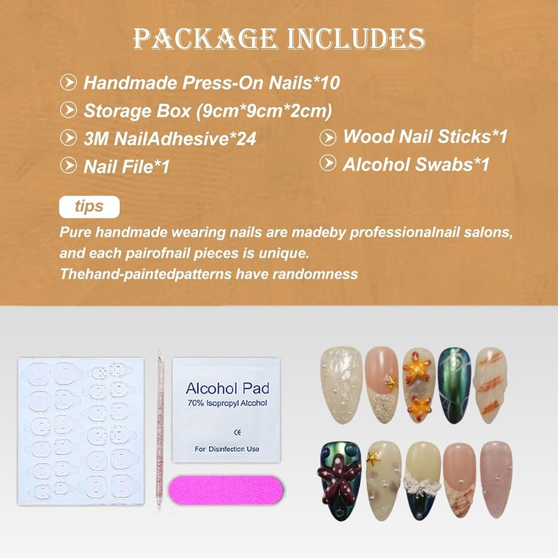 Handmade Press-On Nails - Long Square French False Nails with Charms | 3D Flower, Leopard & Star Designs, Size M