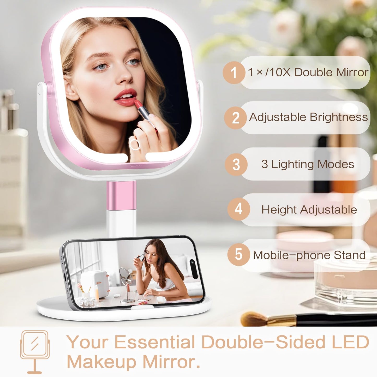 Rosivyphan Makeup Mirror with Lights, 1X/10X Magnifying Vanity Mirror with 3 Colors, 2000mAh Rechargeable Double Sided Magnifying Mirror, Height Brightness Adjustable, 360° Rotation Vanity