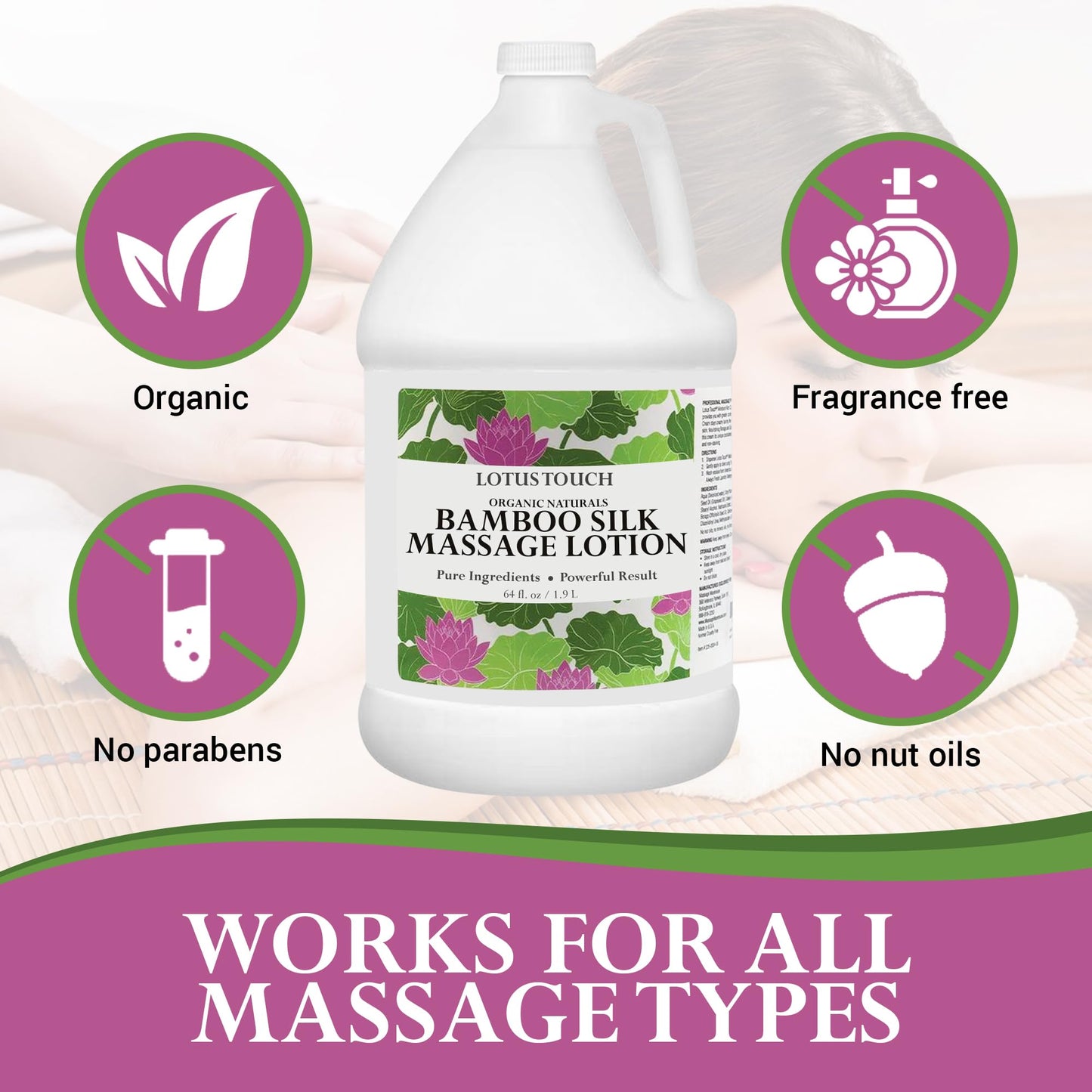 Organic Naturals Bamboo Silk Massage Lotion by Lotus Touch - 100% Pure Bamboo Silk Powder, Green Tea Extract & Aloe Vera - Unscented - Moisturizing, Fast Absorbing - Soft, Silky Glide – 1/2 Gallon